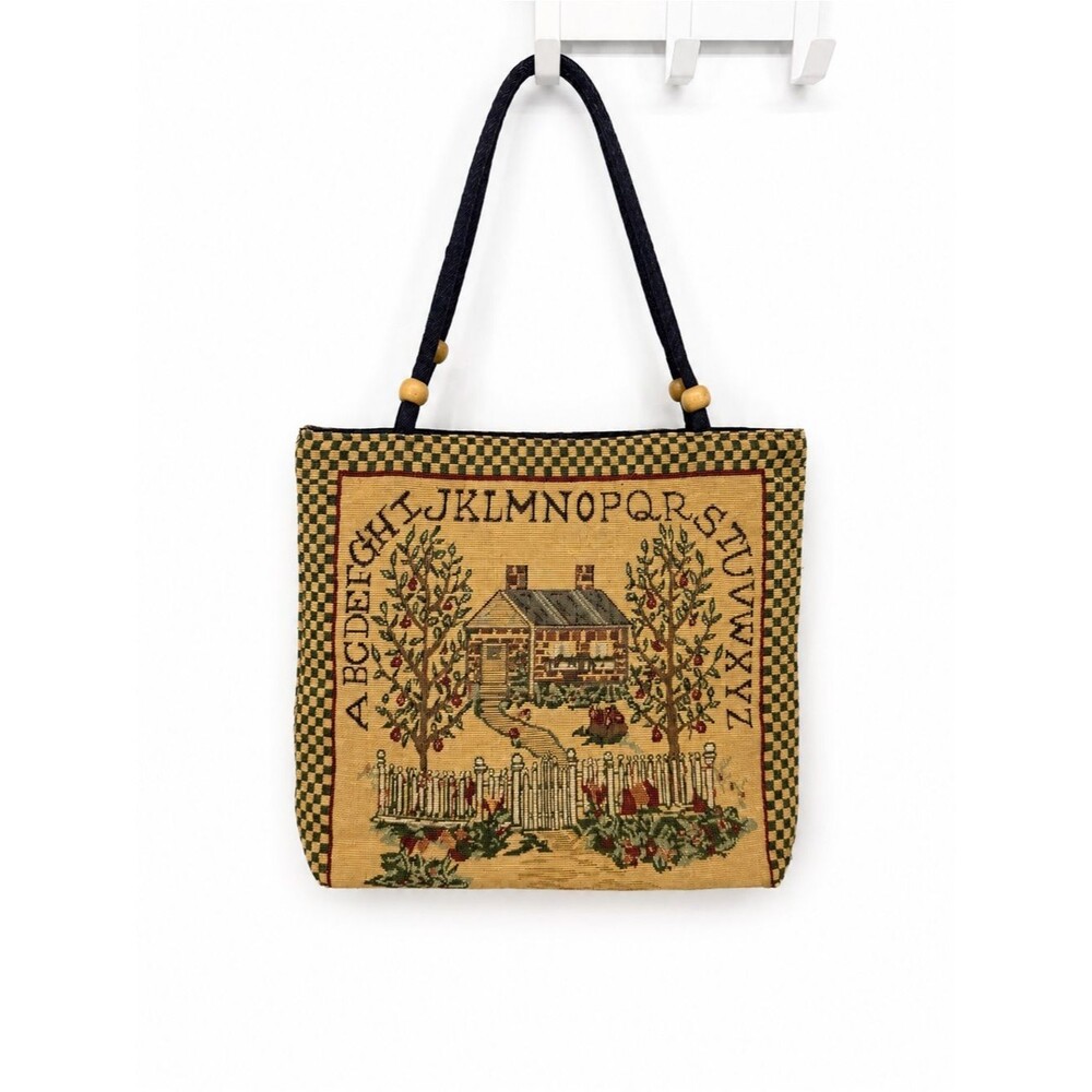 Vintage Tapestry Tote Bag House Alphabet Cottagecore Shoulder Bag Folk Art